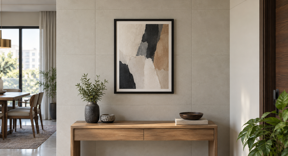 Framed abstract wall art mounted on a smooth tiled wall in a dry apartment interior
