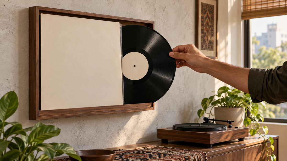 A vinyl record being removed by its edge from an open wooden display frame