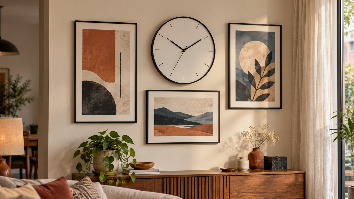 Round wall clock arranged with three framed abstract prints above a wooden console