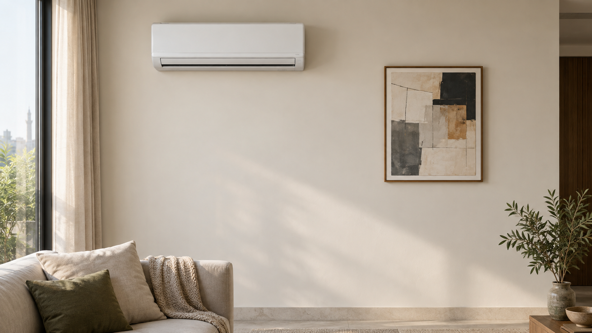 Framed wall art positioned to the side of a wall-mounted split air conditioner in a neutral Lahore living room