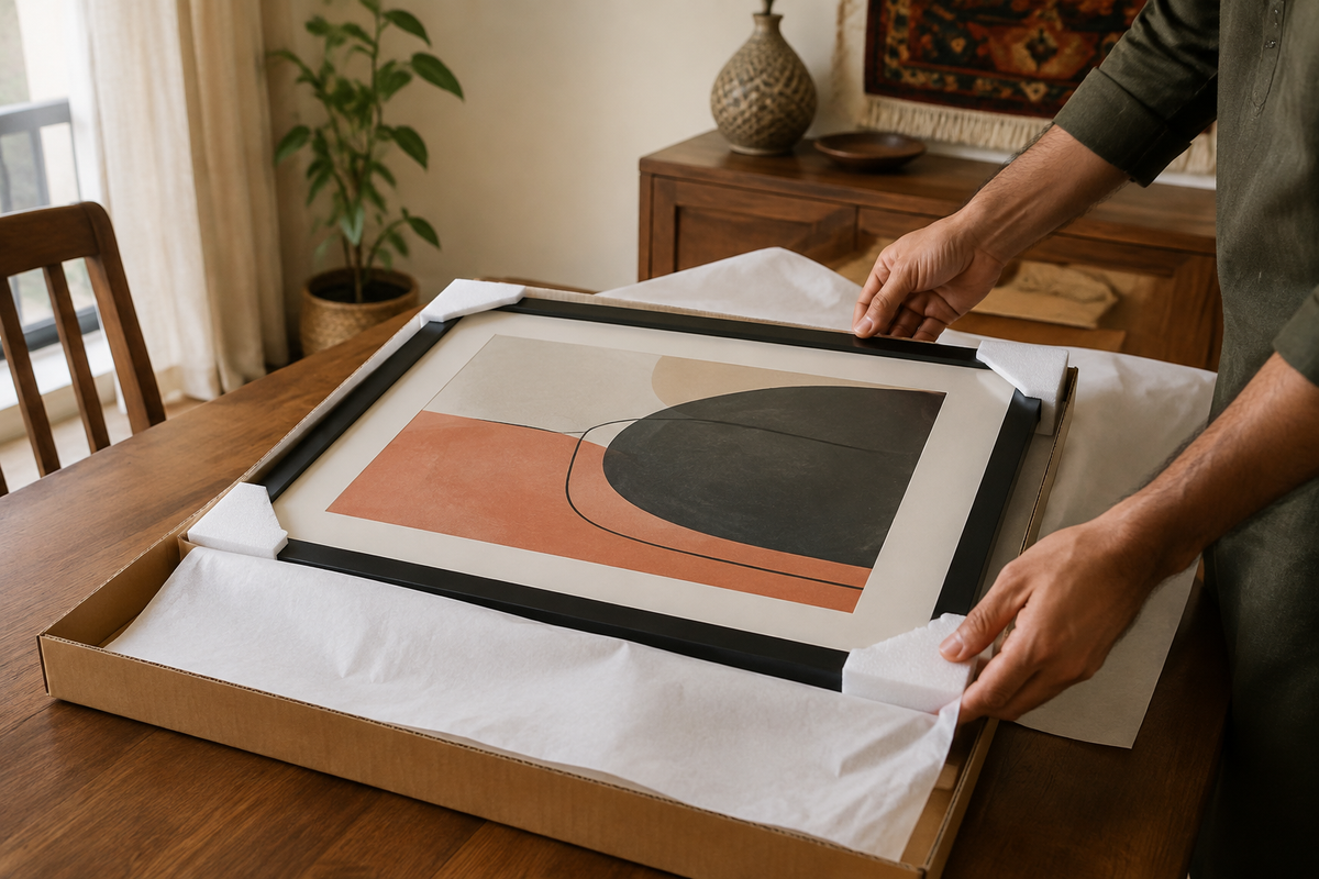 A framed print being inspected over its open delivery parcel on a dining table in a Pakistani home