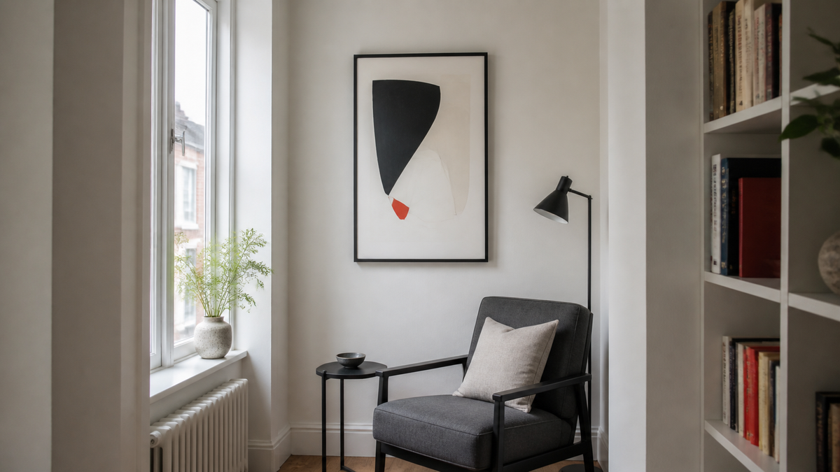 Black white and red abstract print anchoring a compact reading nook
