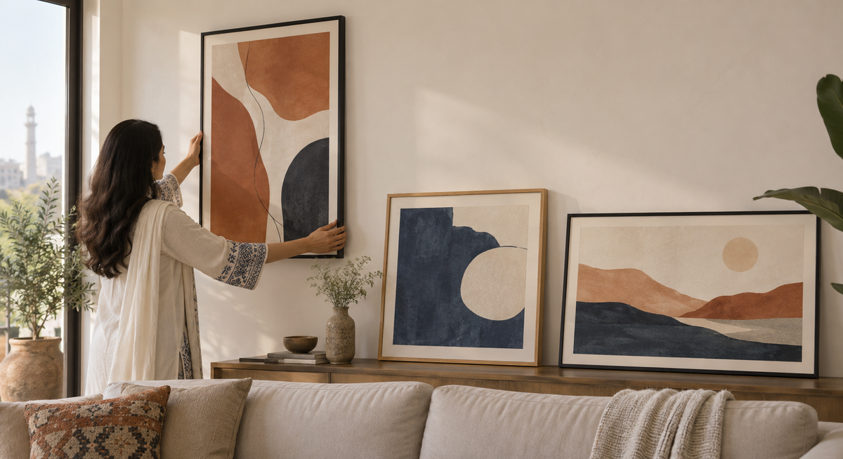 Woman comparing portrait, square and landscape framed wall art in a Pakistani living room