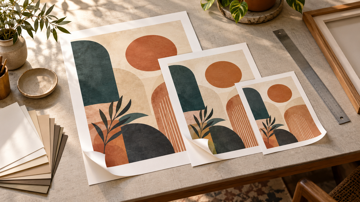 Three nested wall-art print sheets in A-series sizes on a print-studio table