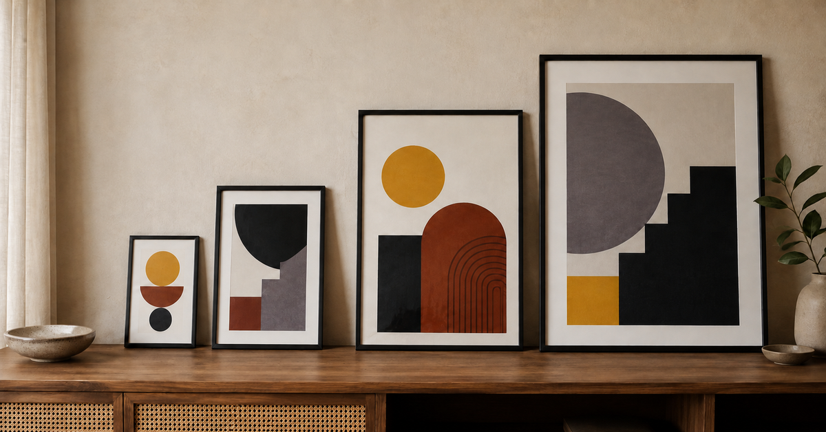 Four differently sized framed abstract prints arranged on a wooden console