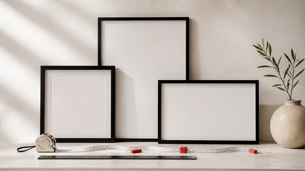 Three empty black frames in different sizes with measuring tools on a neutral surface