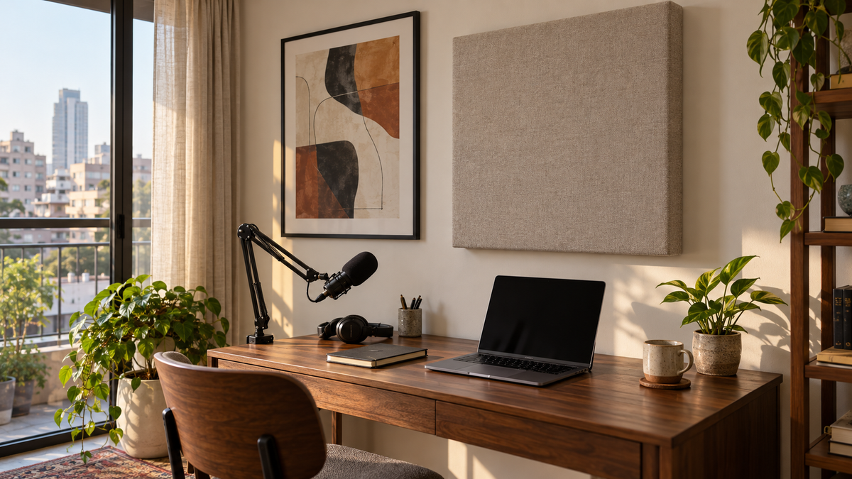 Framed wall art beside a thick fabric acoustic panel in a compact home studio