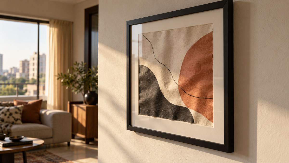Side light revealing gentle waves in a paper print inside a black picture frame