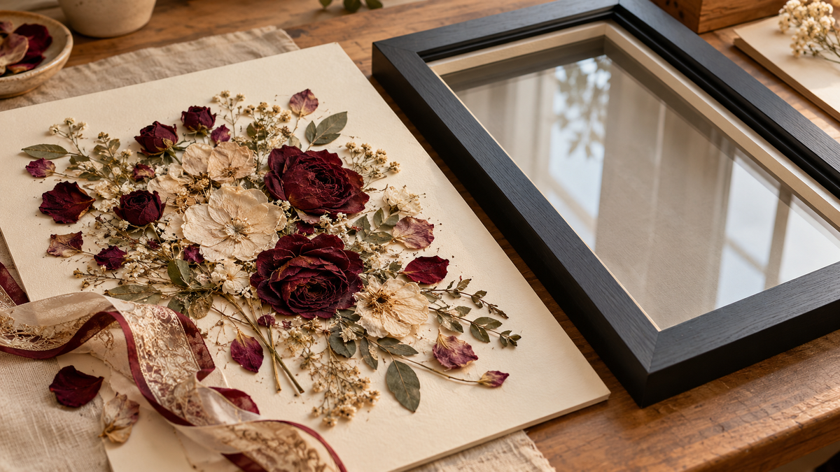 Pressed wedding bouquet flowers arranged on a cream mounting board beside an open deep picture frame