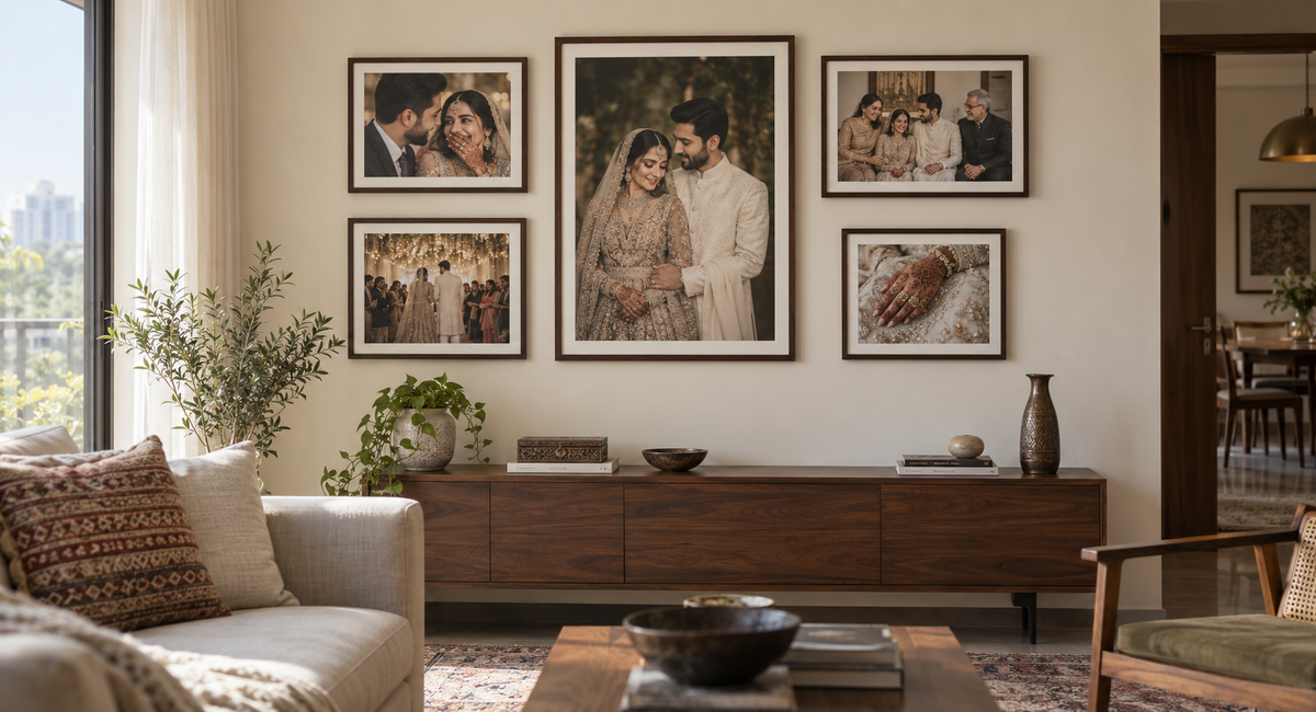 Wedding photo gallery arranged on a living room wall in a Pakistani home