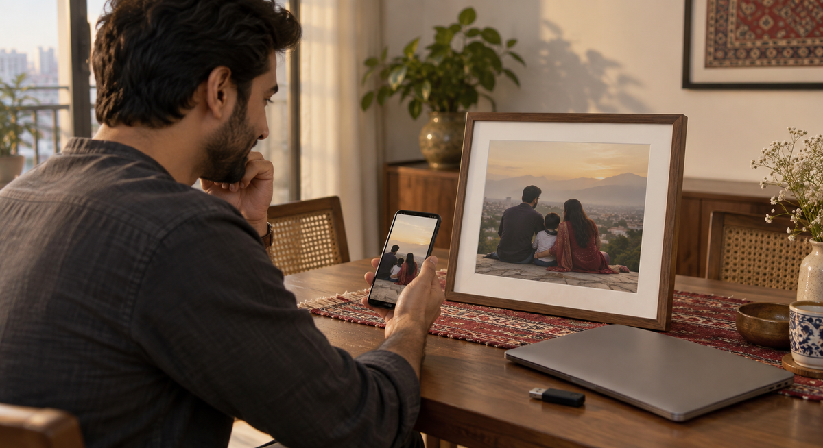 A man compares a family photo on a phone with the same image in a framed print beside a laptop