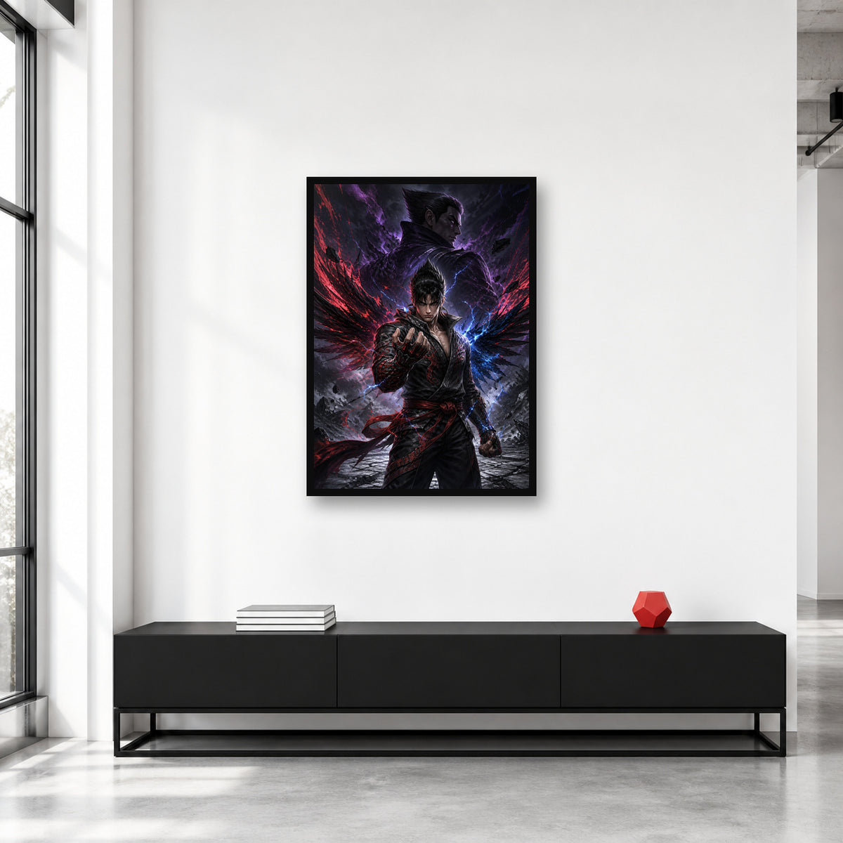 Jin Kazama and Kazuya wall art displayed in a collector studio
