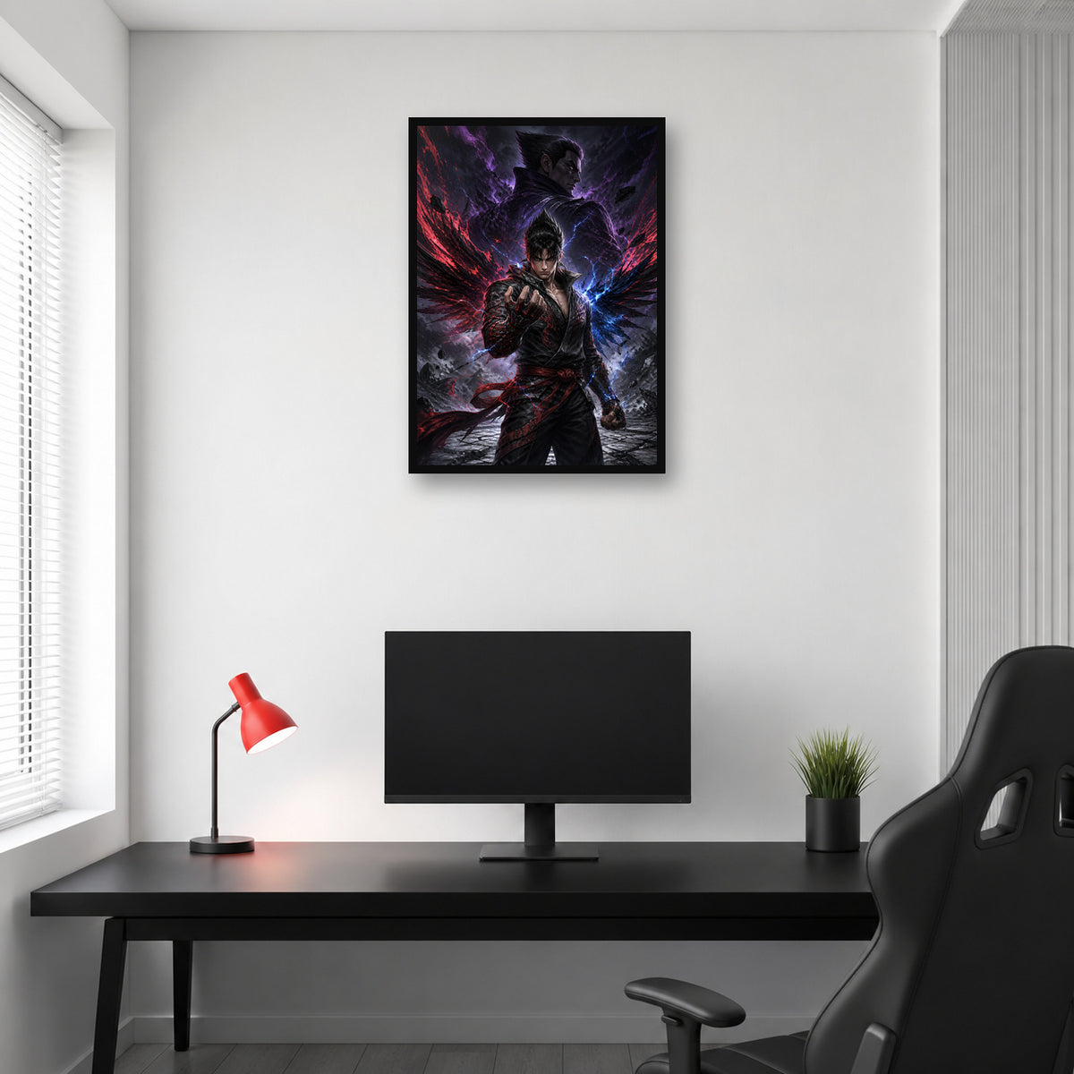 Jin Kazama and Kazuya wall art displayed in a gaming room