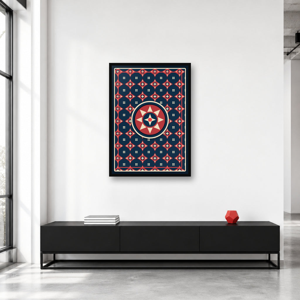 Ajrak geometric pattern wall art styled in a collector studio