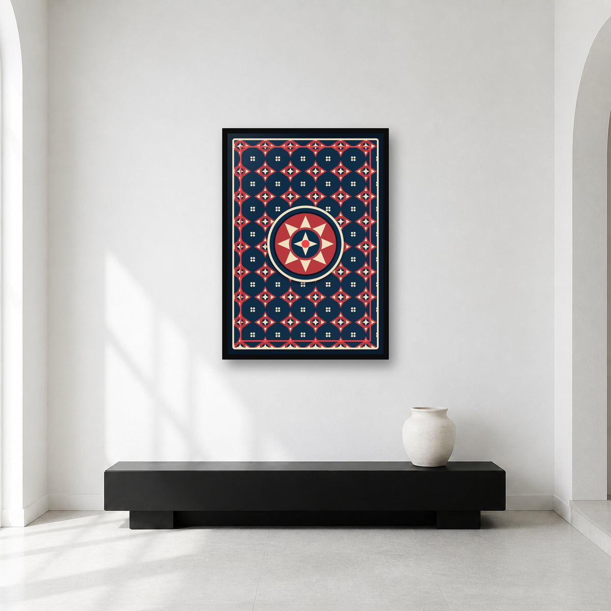 Ajrak geometric pattern wall art styled in a minimal gallery