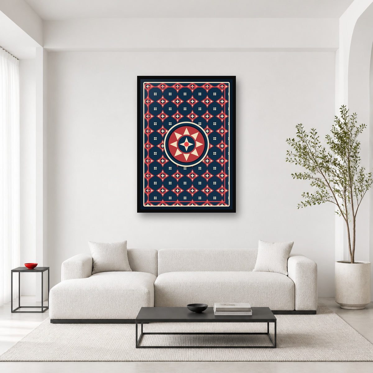 Ajrak geometric pattern wall art styled in a bright editorial room