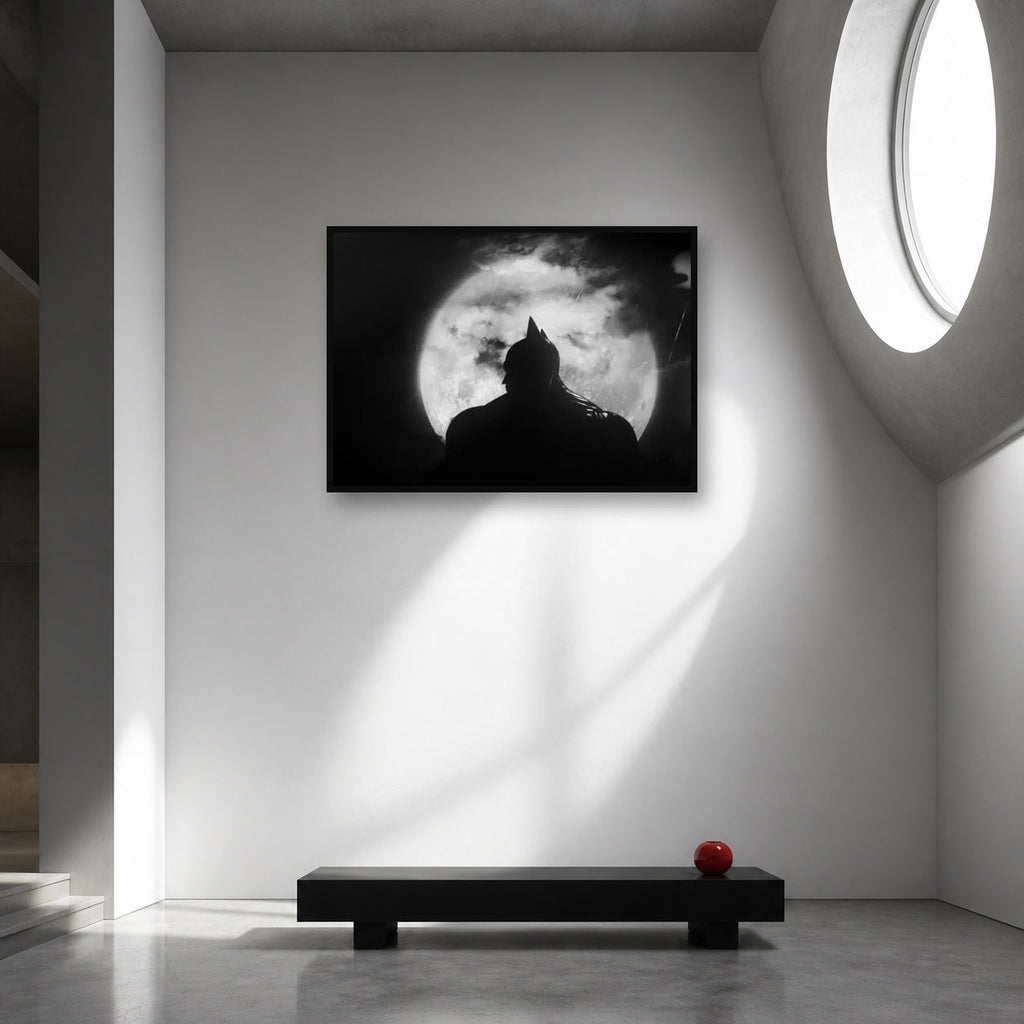 Batman Moon Silhouette Black and White Wall Art shown in an artwork-directed room