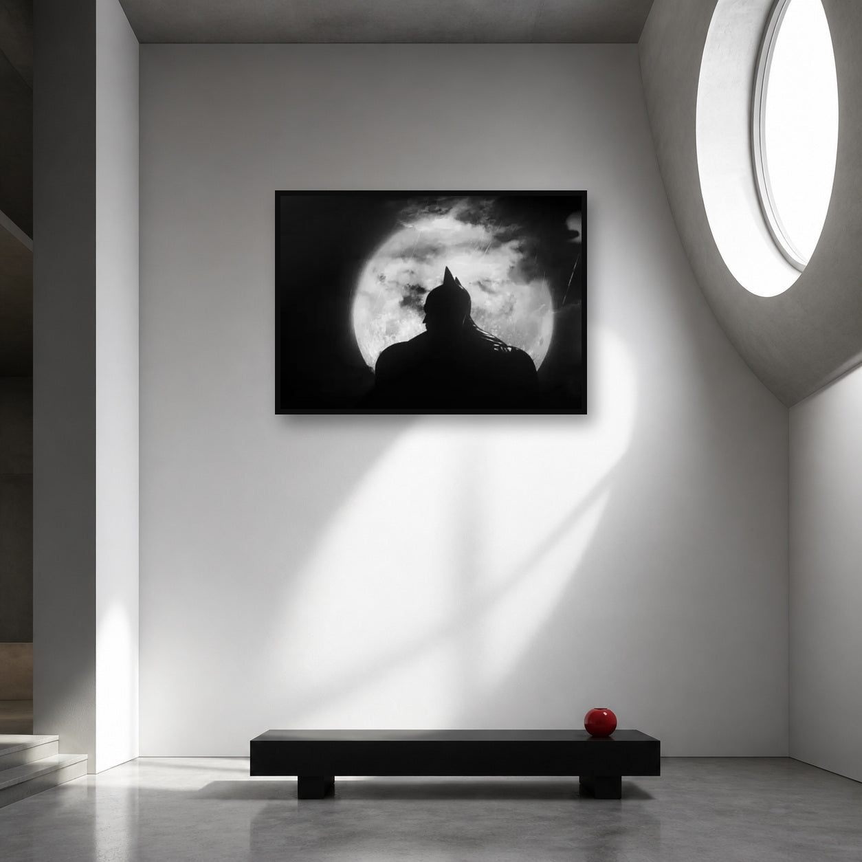 Batman Moon Silhouette Black and White Wall Art shown in an artwork-directed room