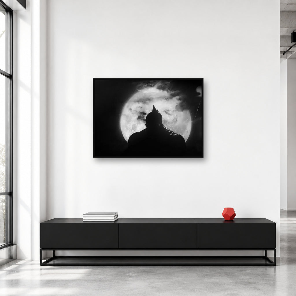 Batman Moon Silhouette Black and White Wall Art shown in a collector studio