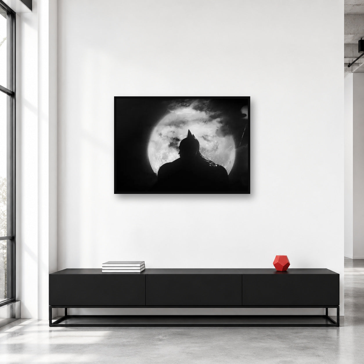 Batman Moon Silhouette Black and White Wall Art shown in a collector studio