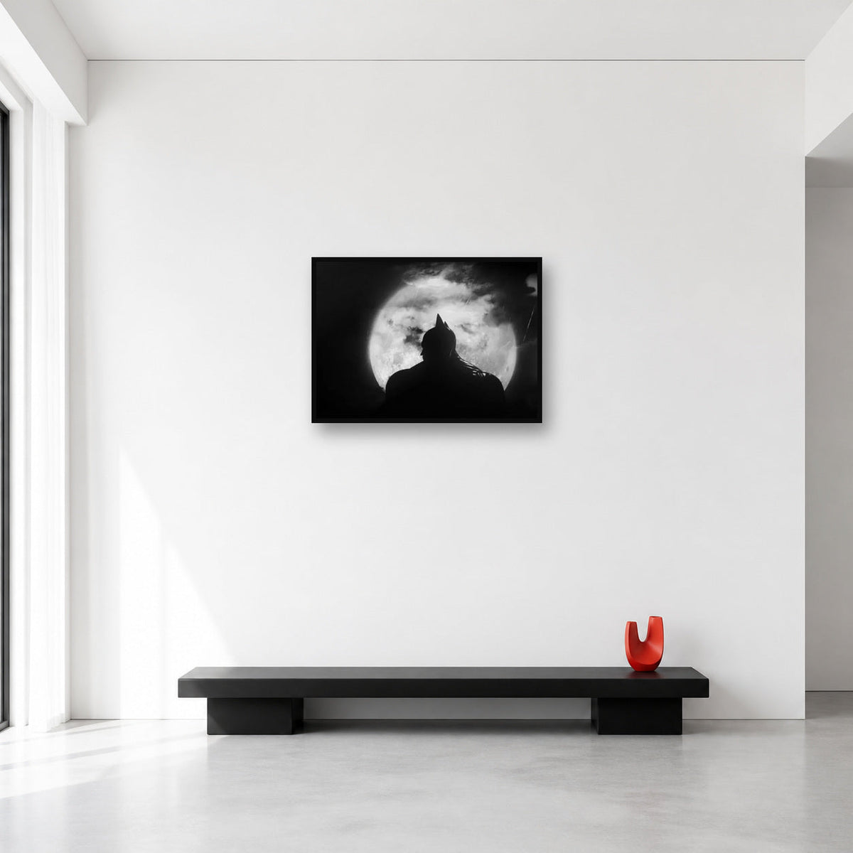 Batman Moon Silhouette Black and White Wall Art in Medium (A2) size reference