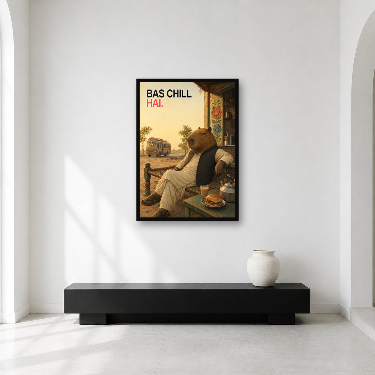 Bas Chill Hai Pakistani Capybara Wall Art framed in a bright gallery