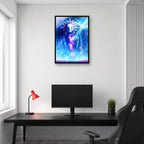 Esquie cosmic portrait wall art displayed above a gaming desk