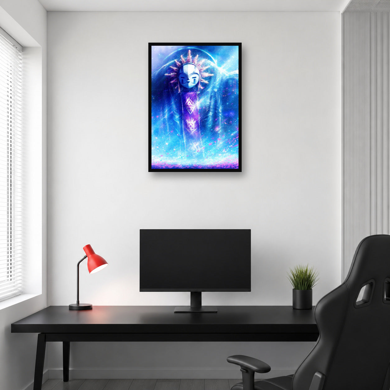 Esquie cosmic portrait wall art displayed above a gaming desk