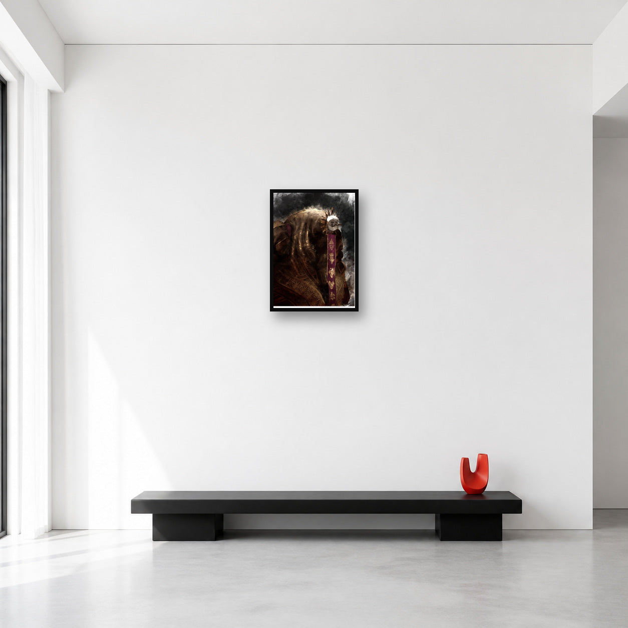 Esquie portrait wall art shown at Small scale in a minimal bright room