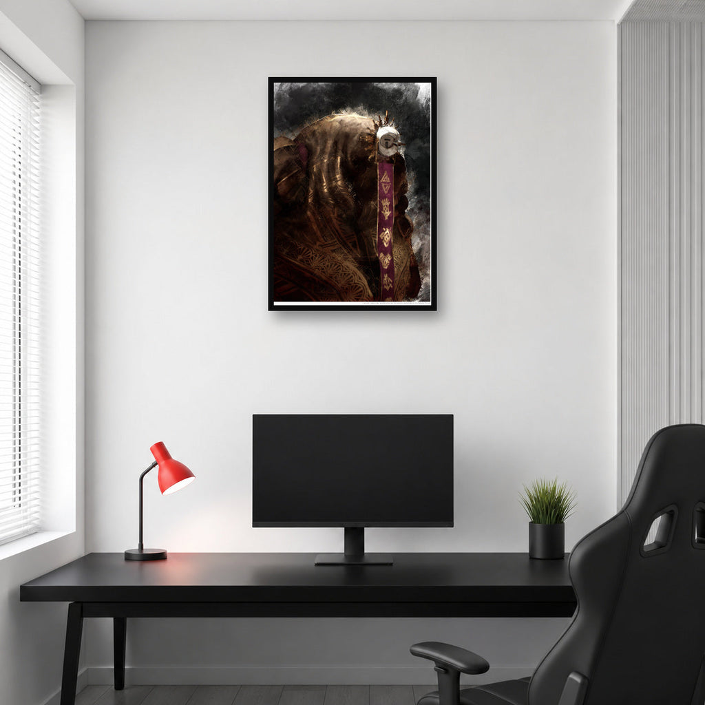 Esquie portrait wall art displayed above a gaming desk