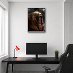 Esquie portrait wall art displayed above a gaming desk