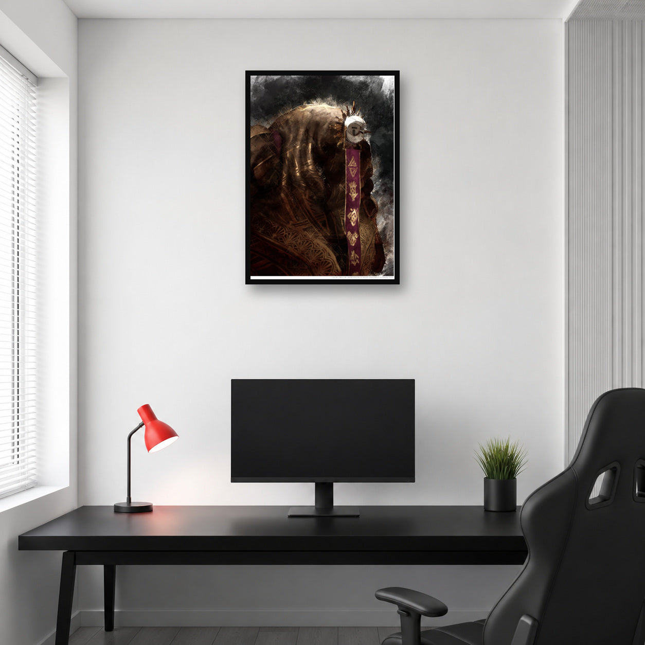 Esquie portrait wall art displayed above a gaming desk