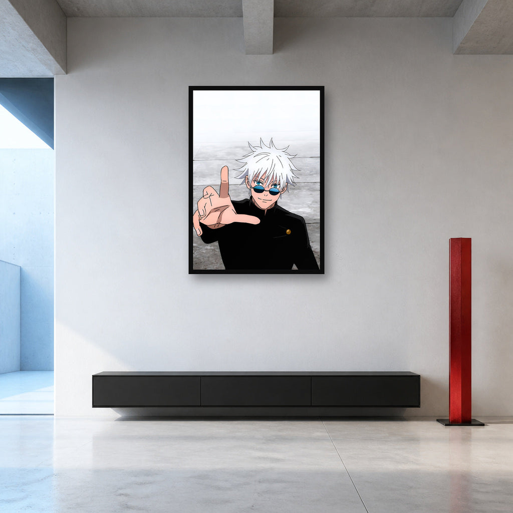 Satoru Gojo Minimal Portrait Wall Art shown in an artwork-directed room