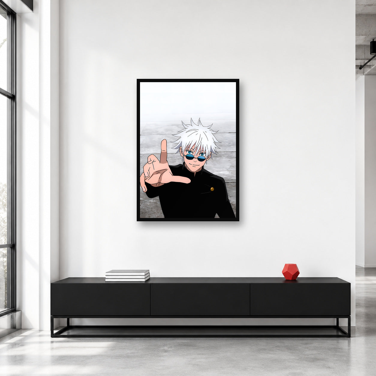 Satoru Gojo Minimal Portrait Wall Art shown in a collector studio