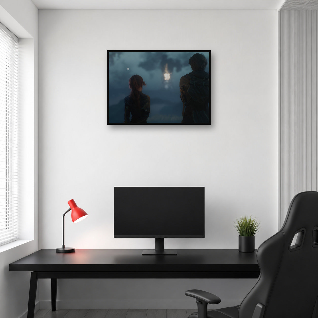 Gustave and Maelle landscape wall art displayed above a gaming desk