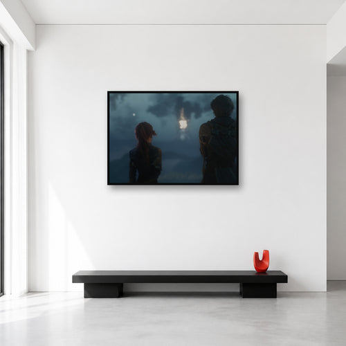 Gustave and Maelle landscape wall art shown at Large scale in a minimal bright room