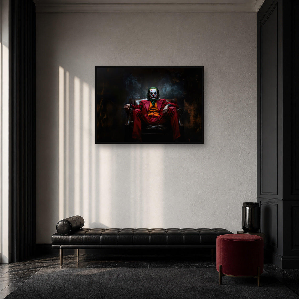 Joker Red Suit Cinematic Wall Art shown in an artwork-directed room