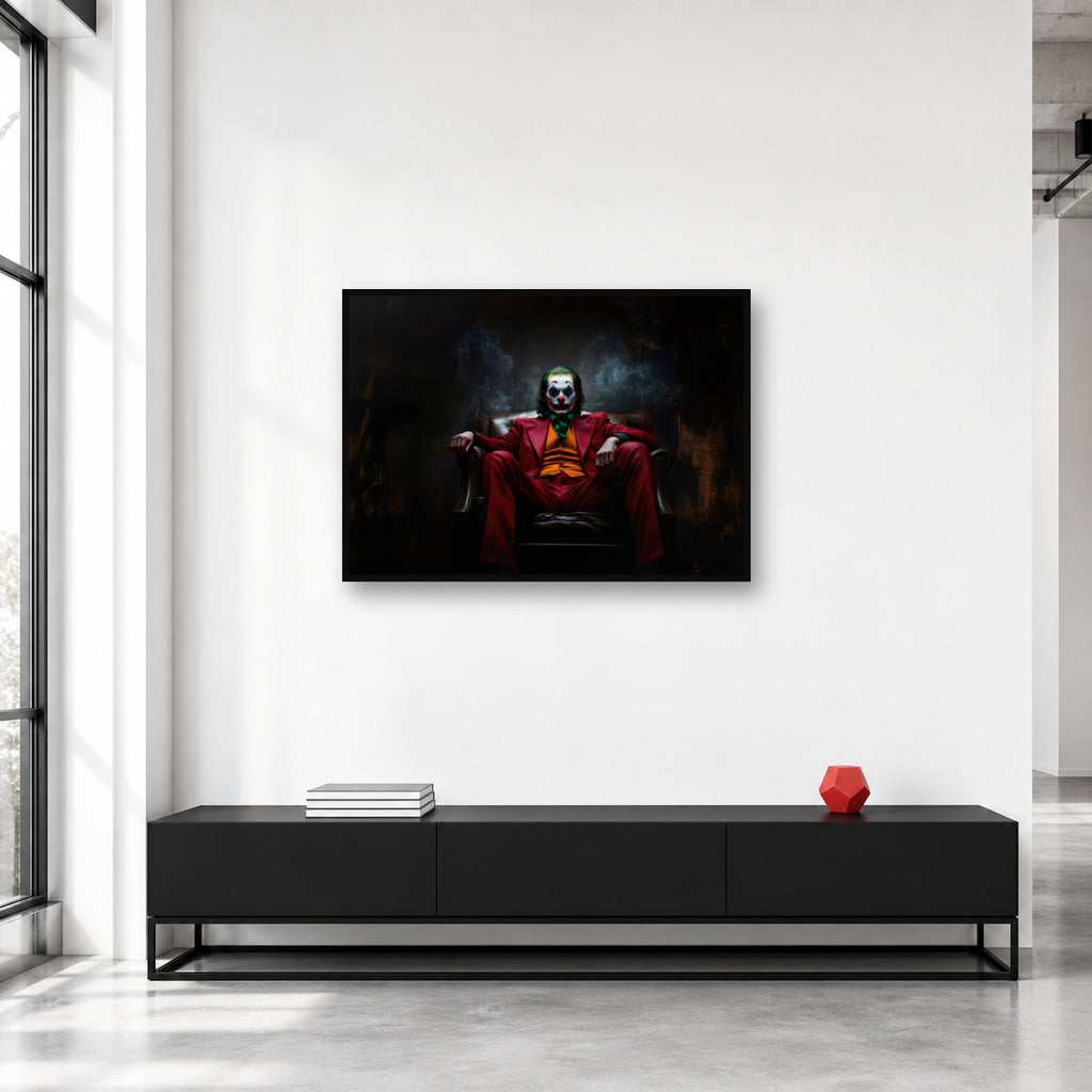 Joker Red Suit Cinematic Wall Art shown in a collector studio