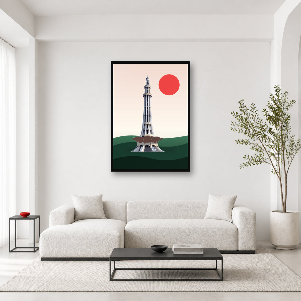 Lahore Minar-e-Pakistan wall art styled in a bright editorial room