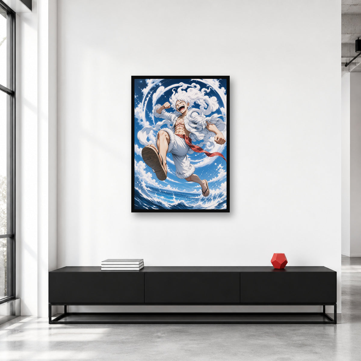Luffy Gear 5 One Piece wall art in a bright collector studio