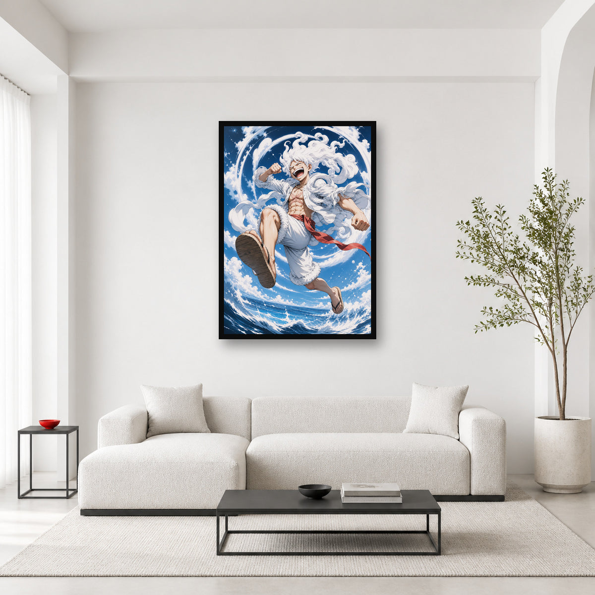 Luffy Gear 5 One Piece wall art in a light editorial interior