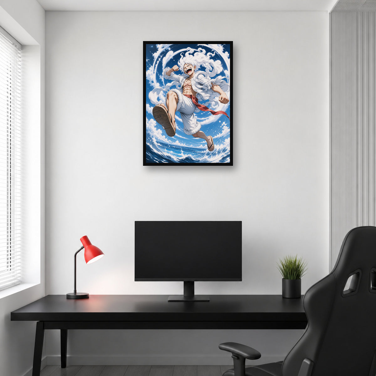 Luffy Gear 5 One Piece wall art in a bright gaming room