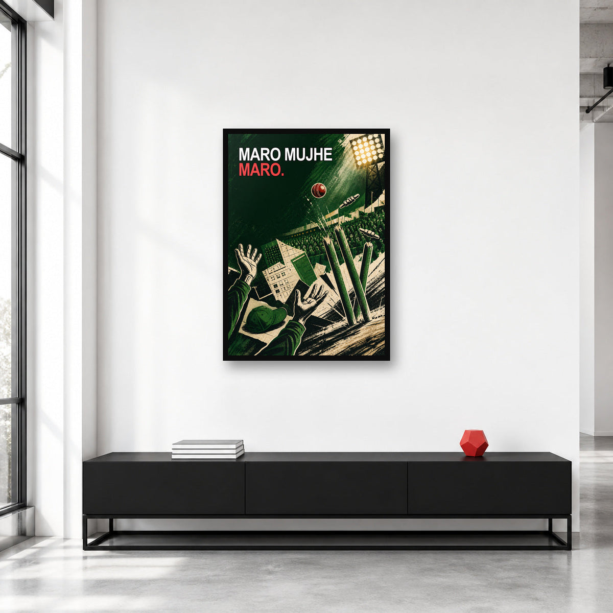 Maro Mujhe Maro Cricket Meme Wall Art framed in a collector studio