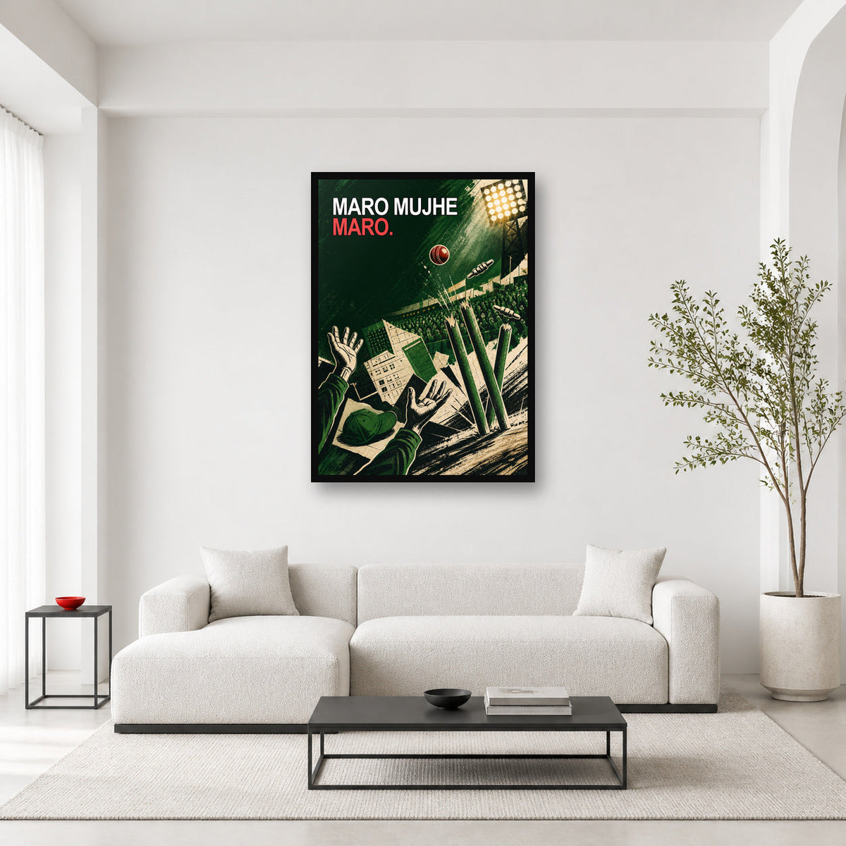 Maro Mujhe Maro Cricket Meme Wall Art framed in a bright editorial room