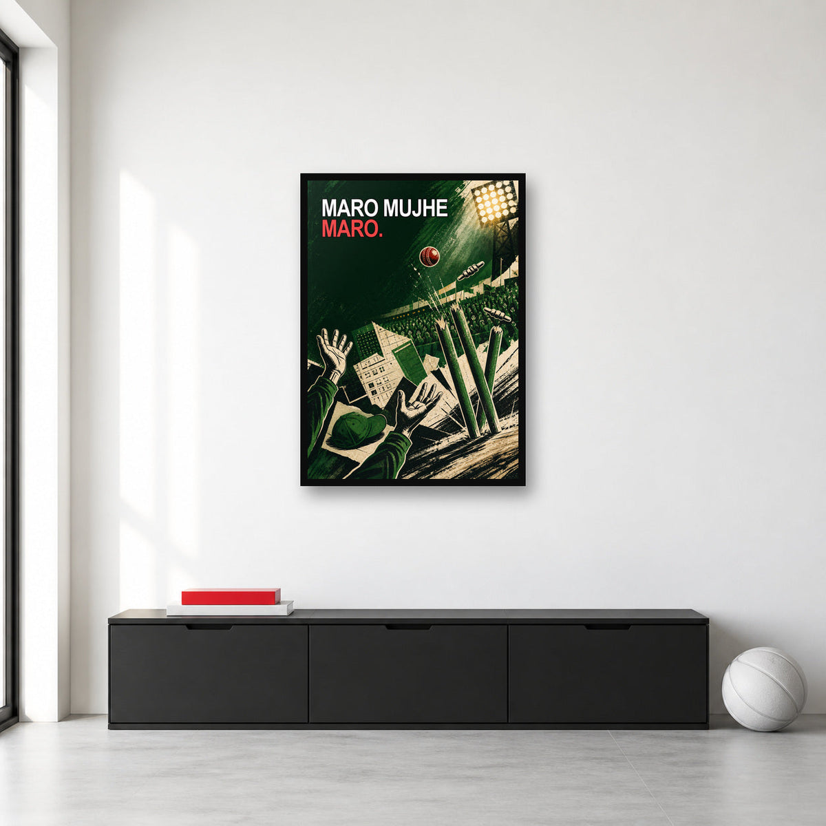 Maro Mujhe Maro Cricket Meme Wall Art framed in a category-appropriate room