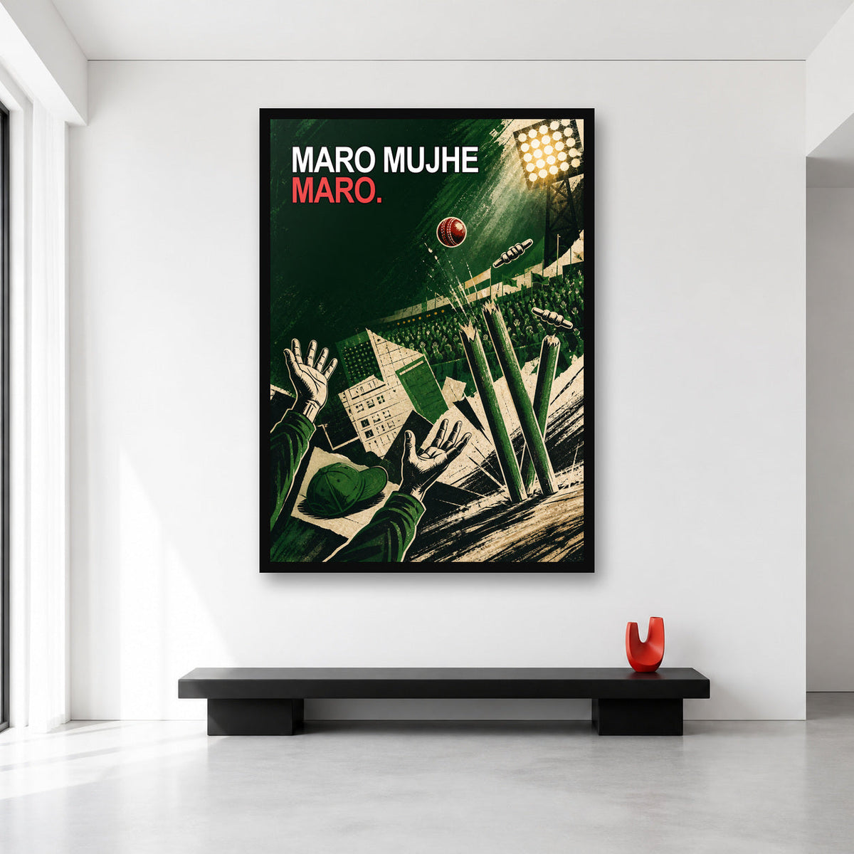Maro Mujhe Maro Cricket Meme Wall Art XL A0 size reference in a minimal room