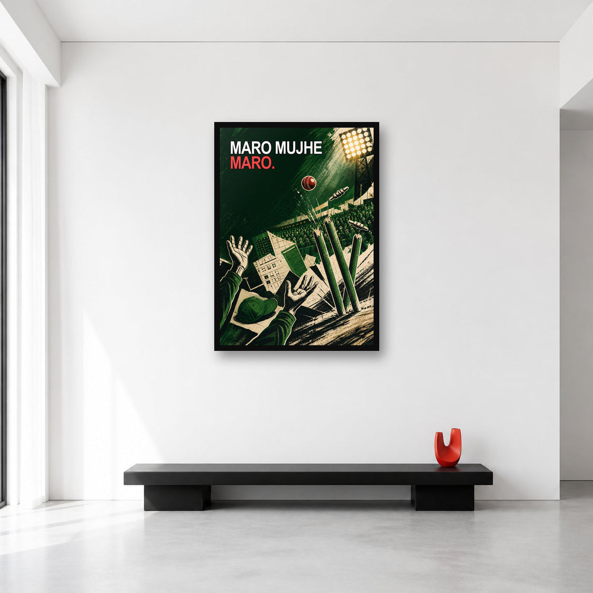 Maro Mujhe Maro Cricket Meme Wall Art Large A1 size reference in a minimal room