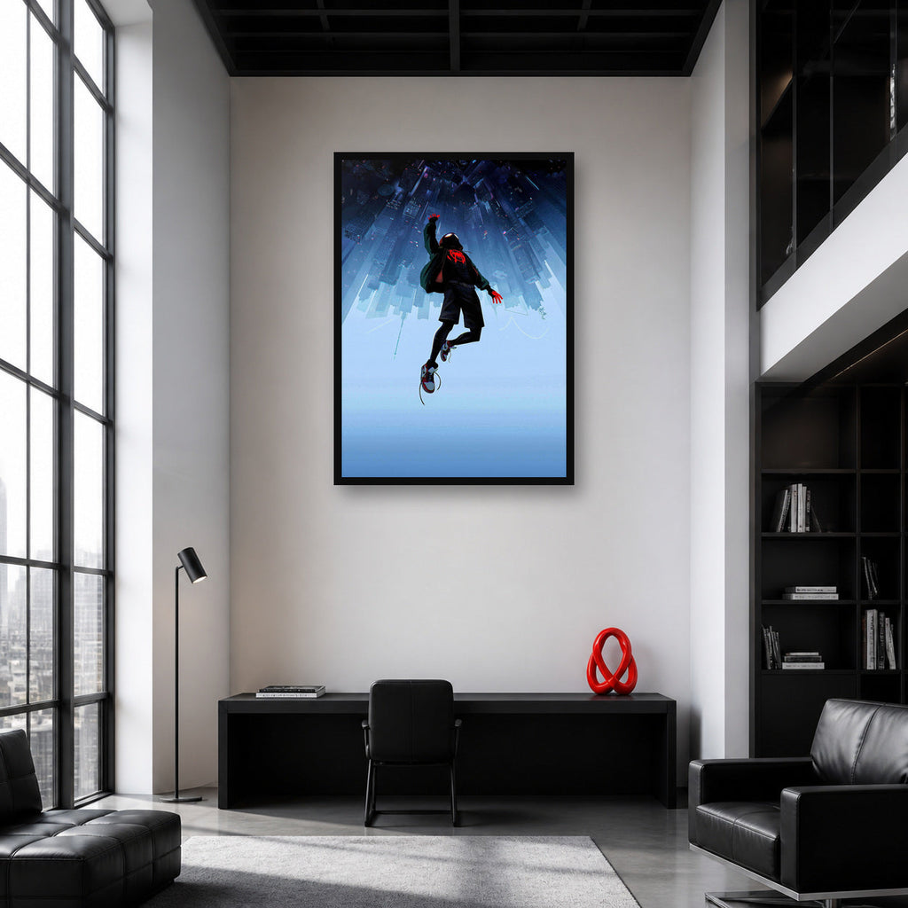 Miles Morales Upside Down City Wall Art shown in an artwork-directed room