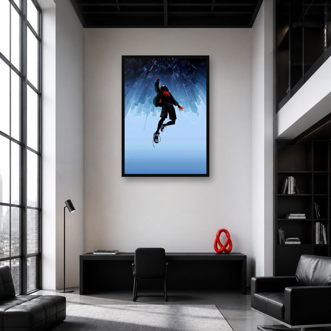 Miles Morales Upside Down City Wall Art shown in an artwork-directed room