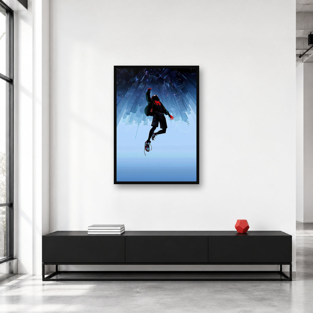 Miles Morales Upside Down City Wall Art shown in a collector studio